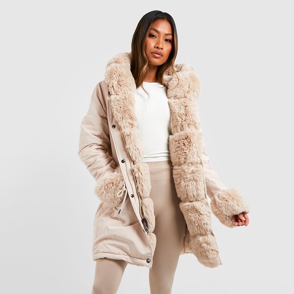 PrettyLittleThing Jackets & Blazers - Copperose Luxe Hooded Parka Cream Jacket